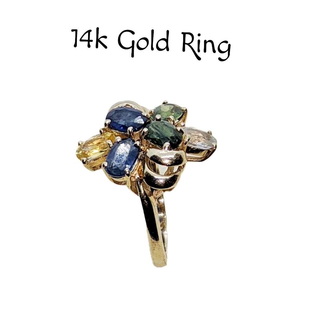 14k Gold ~ Asymmetrical Ring with Peridot, Sapphire, Topaz, Citrine, & Z… - Picture 7 of 7